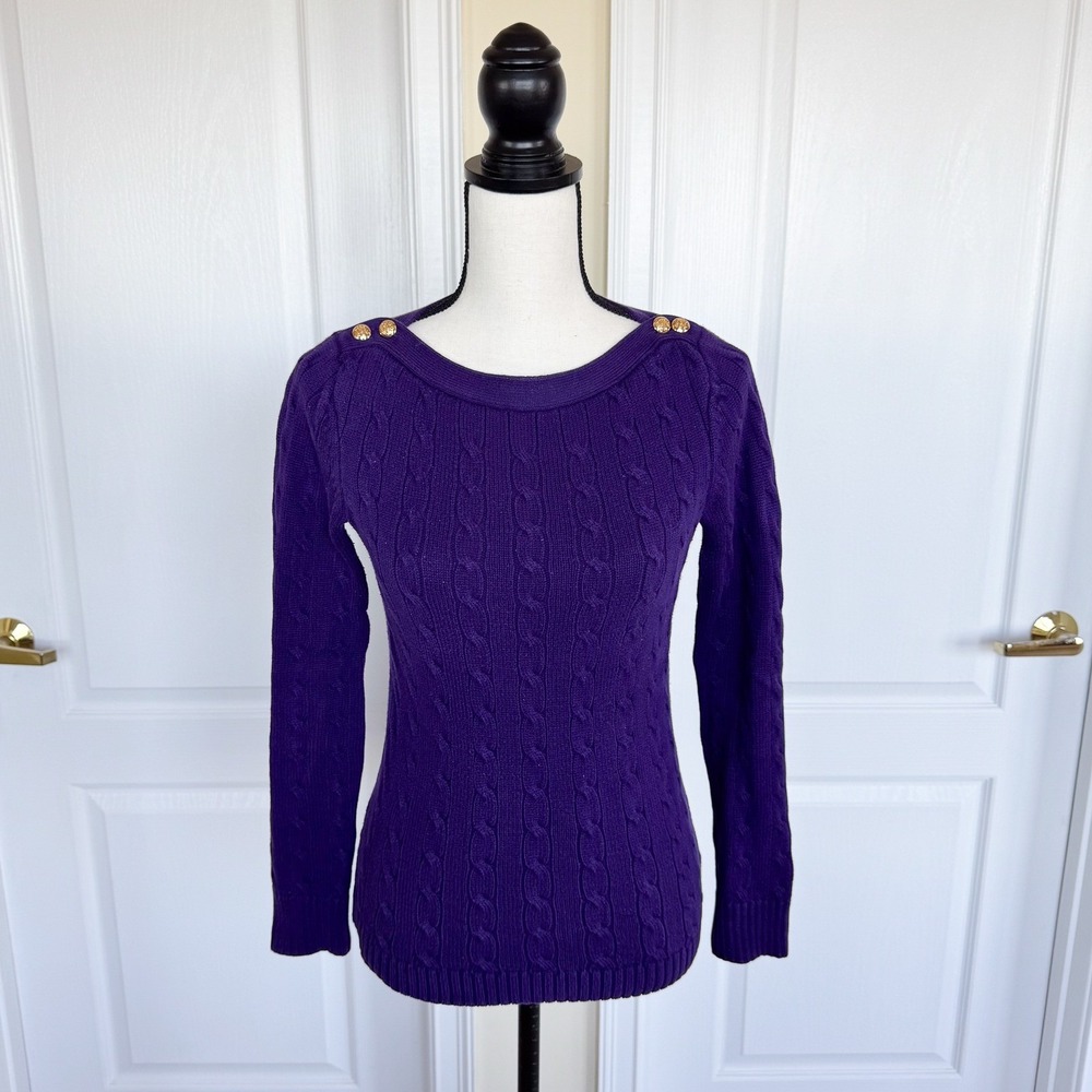 Ralph Lauren Petite Cable Knit Button Shoulder Sweater Purple Cotton Women's PS